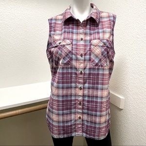 Eddie Bauer Travex Plaid Hiking/Travel Sleeveless Shirt Sz L